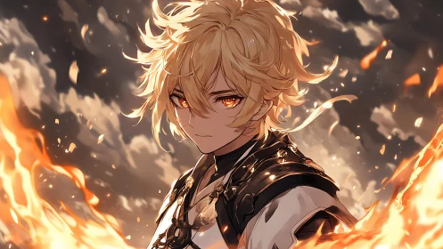 Blond anime warrior amid swirling embers and dramatic flames