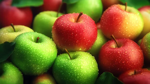 Fresh red and green apples glisten with dewy water droplets.