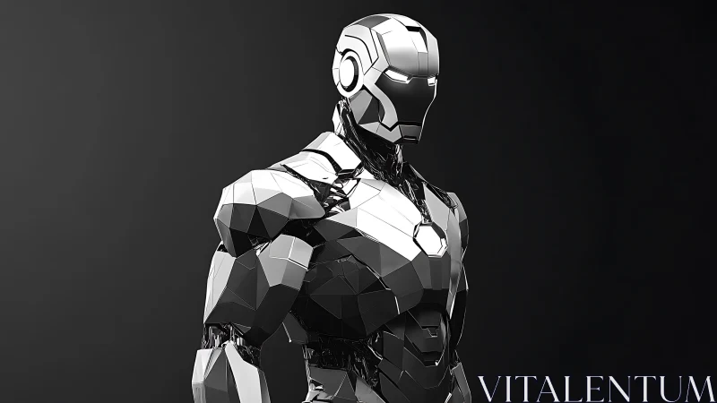 Polished faceted robot stands in sleek monochrome armor.