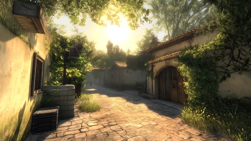 Sunlit stone lane winding through a quiet green village.