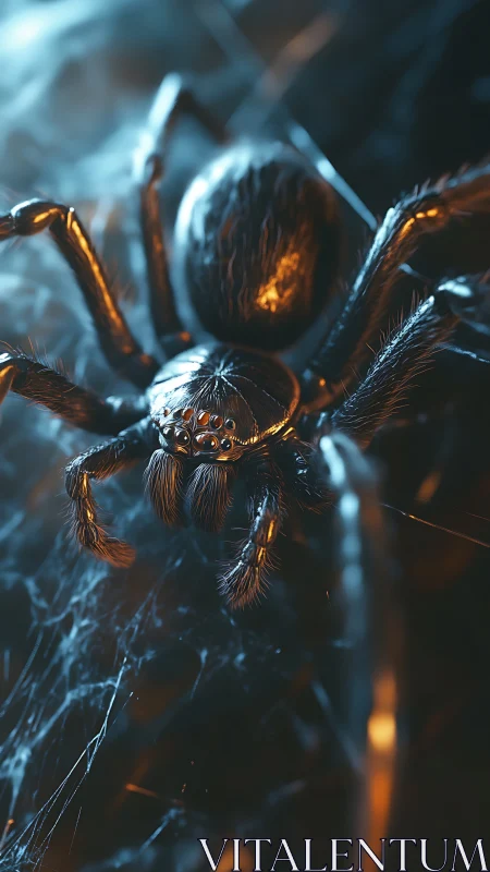 Chrome-legged spider prowls neon web in cinematic close-up
