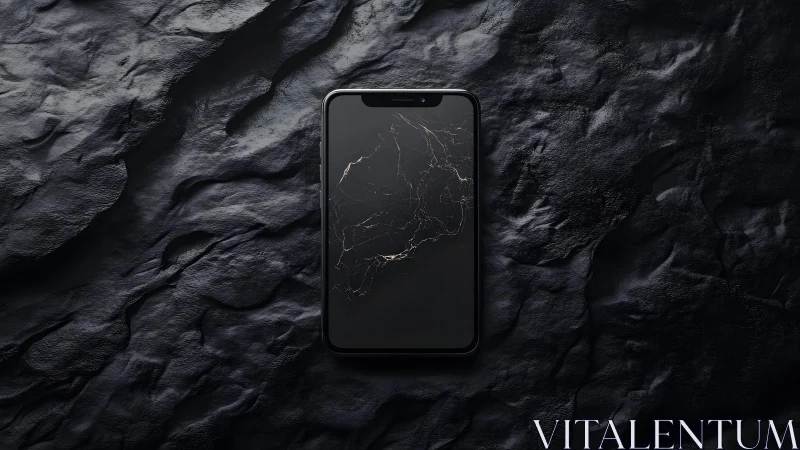 Modern smartphone with marble wallpaper on dark textured stone background.