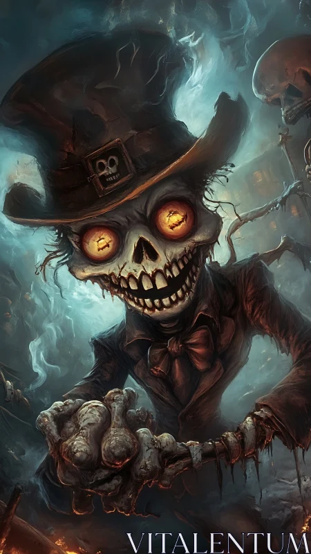 Macabre skeletal jester advances through smoky, teal-lit graveyard