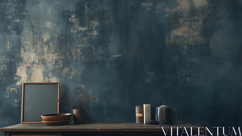 Dark tabletop still life sits against textured blue wall