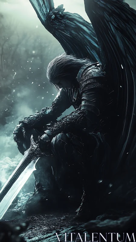 Fallen dark angel kneels with massive sword in misty ruins