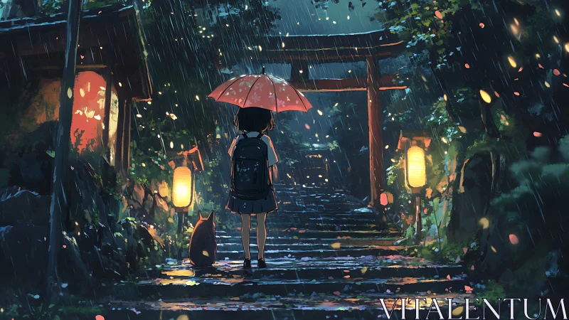 Rainy shrine pathway with girl and cat under red umbrella.