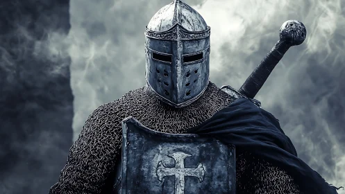 Ironclad crusader stands in stormlit haze of battle.