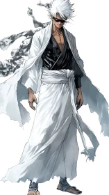 White-robed warrior with windswept hair and tattered cloak.