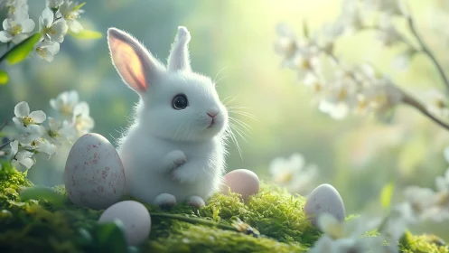 White rabbit and eggs are positioned on moss in soft light