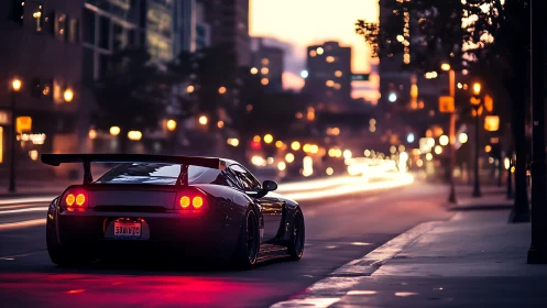 Low-slung sports car slices through neon city dusk streets.
