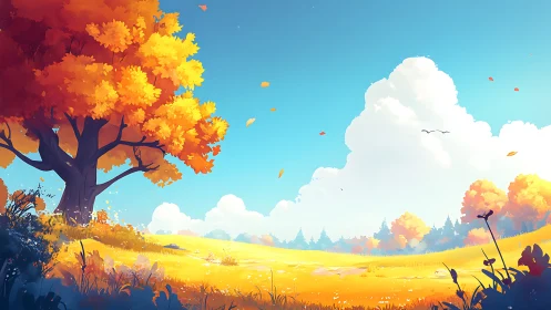 Autumn tree dominates bright meadow under expansive blue sky