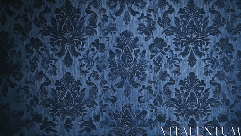 Deep navy damask wallpaper with embossed floral symmetry.