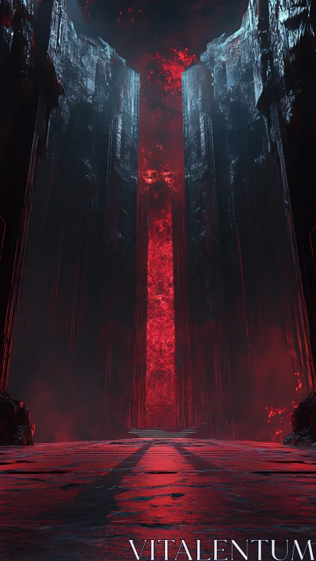Vertical chasm environment frames central luminous red core