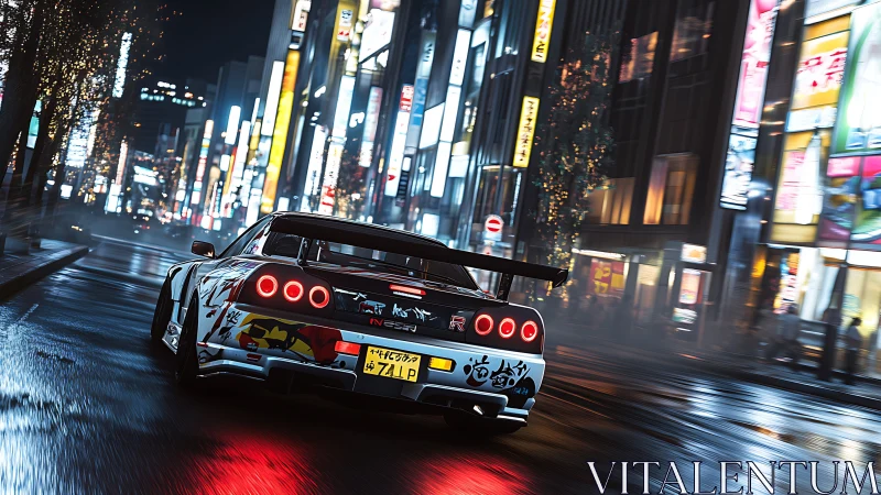 Night drift supercar in neon-lit Tokyo street perspective.