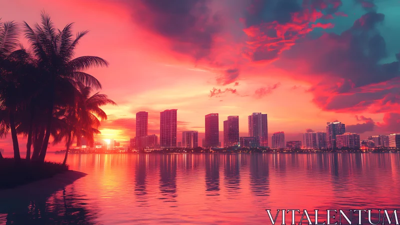 Coastal skyline under saturated sunset with reflective water