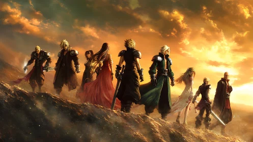 Fantasy warriors cross blazing ridge under cinematic sunset.