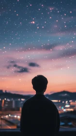 Silhouetted figure studies bokeh city under star-filled dusk sky