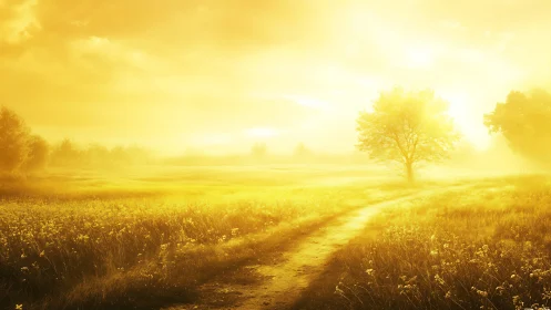 Backlit rural dirt path in golden hour haze, solitary tree