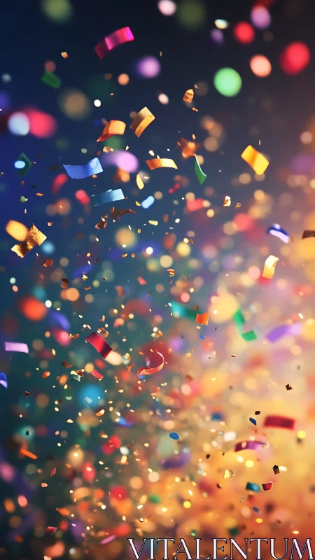 Vibrant confetti stream descends through bokeh-lit gradient space