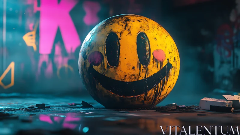 Graffiti-stained smiley orb glowing in neon alley gloom.