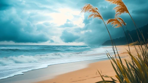 Sea grass leans into turquoise stormlight along quiet shore