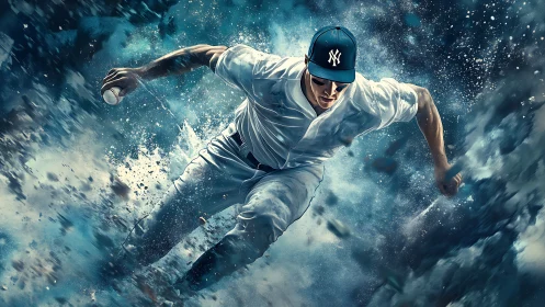 Baseball player in mid-stride within dynamic digital splash