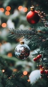 Frosted silver bauble on evergreen branch with warm bokeh.