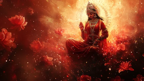 Digital rendering shows seated robed figure amid red lotuses