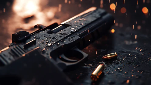 Handgun on wet ground with bullets under rainfall at night.