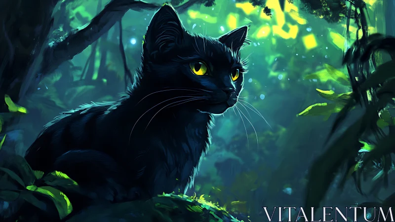 Black cat with yellow eyes in dense green forest light.