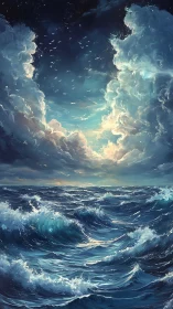 Storm-tossed ocean meets luminous sky window at dusk