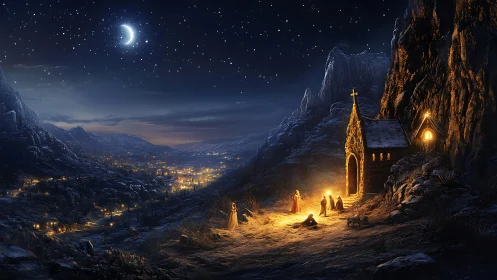 Nighttime mountain valley scene shows small chapel gathering