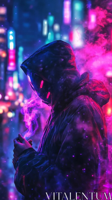 Neon hooded figure in cyberpunk city haze at night.