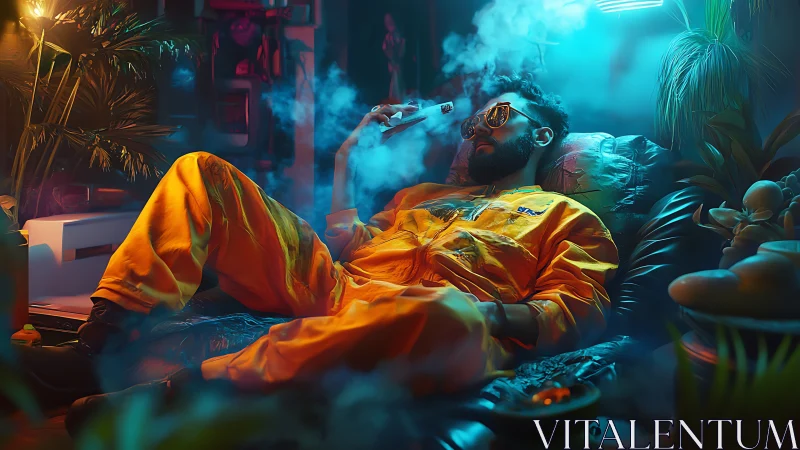 Neon lounge astronaut drifts through vapor in jungle glow