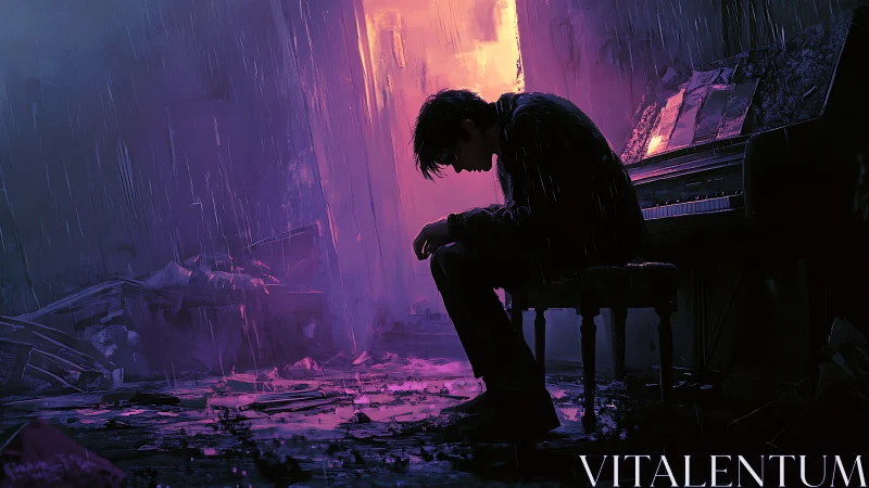 Solitary pianist in neon-graded derelict interior, rainfall study.