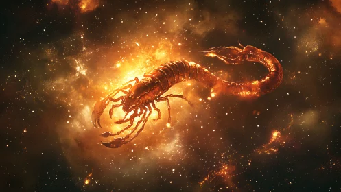 Cosmic scorpion curls through blazing nebula like molten armor