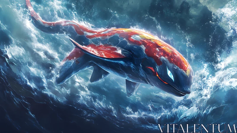 Majestic glowing whale-like creature in stormy ocean scene.