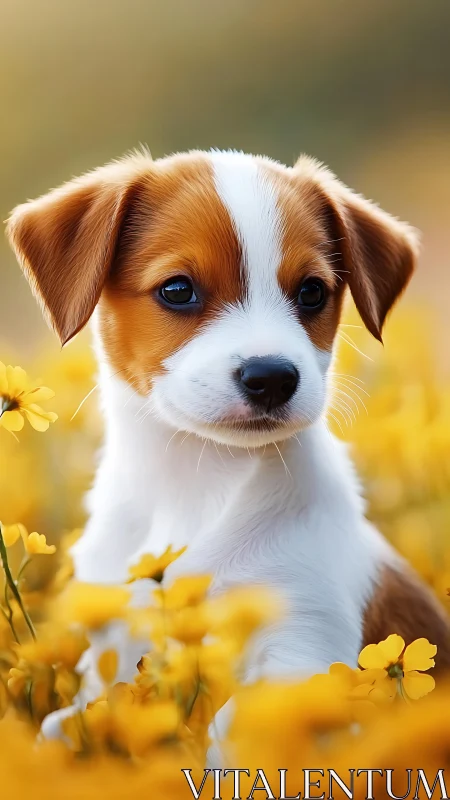 Puppy gazes softly amid golden spring meadow blooms