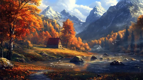 Mountain valley cabin stands beside calm autumn river