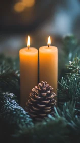 Vertical twin candles illuminate pinecone within shallow depth