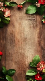 Floral arrangement on aged wooden surface with botanical elements.