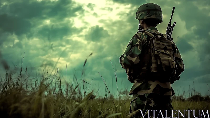 Soldier stands in grassy field under dense overcast sky
