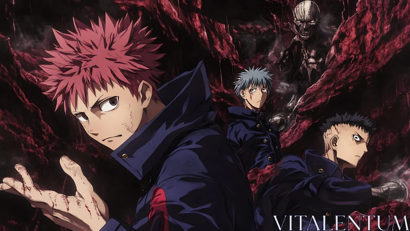 Anime battle trio in infernal cavern with cursed presence.