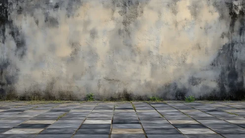 Weathered concrete wall with tiled pavement foreground.