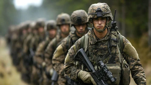 Line of focused infantry soldiers advancing through forest terrain.