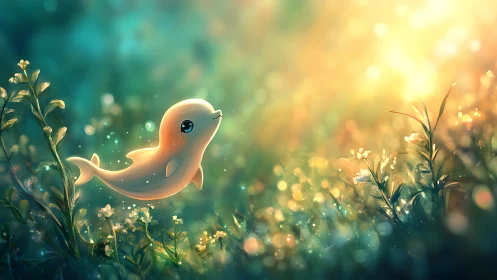 Gentle baby whale drifts through a glowing underwater meadow