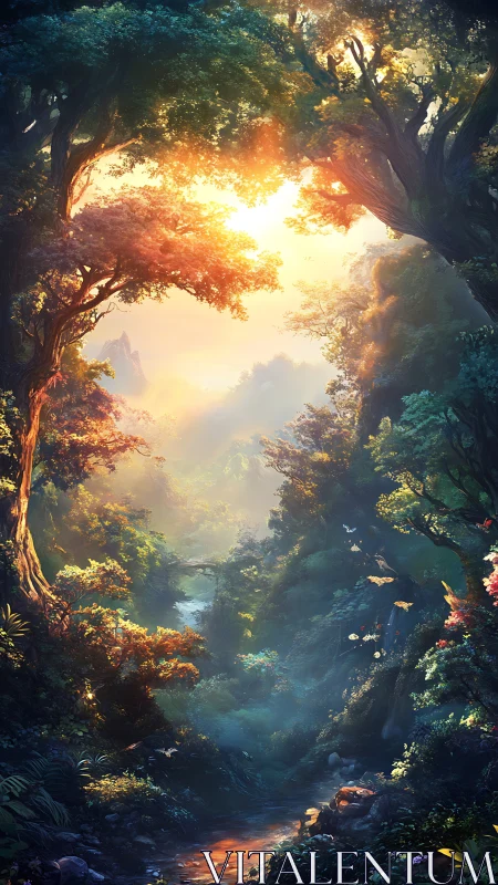 Mystical forest cavern with golden sunlight and flowing stream