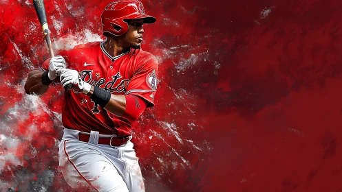 Swing-ready baseball star in bold red motion and energy.