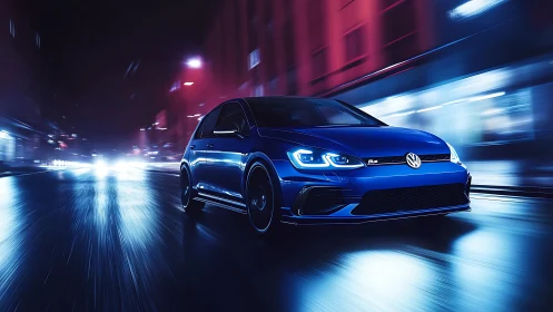 Blue Volkswagen hatchback drives fast through wet city street