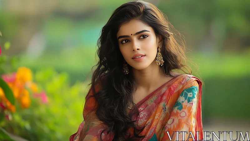 Portrait shows woman in patterned sari against blurred foliage